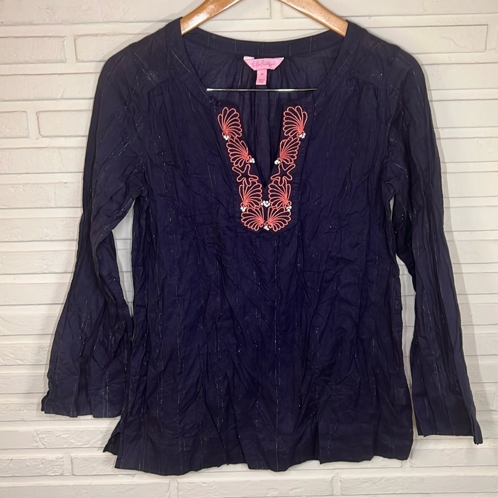 Lilly Pulitzer Navy Blue Semi Sheer Cotton Seashell Top, Women’s Size Medium